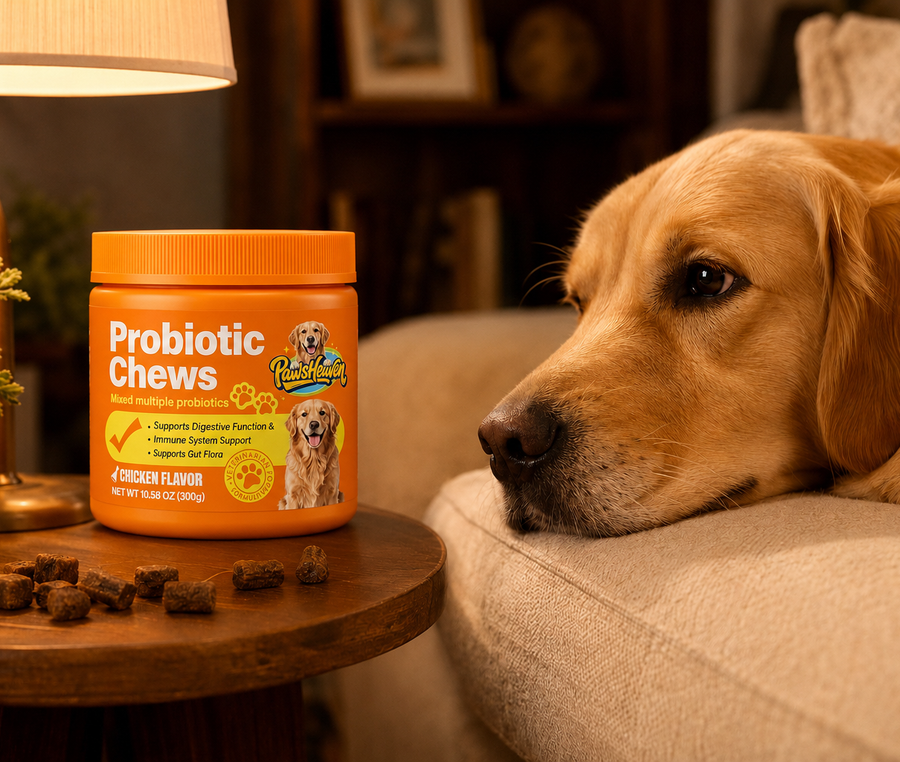 Golden Retriever resting beside PawsHeaven jar