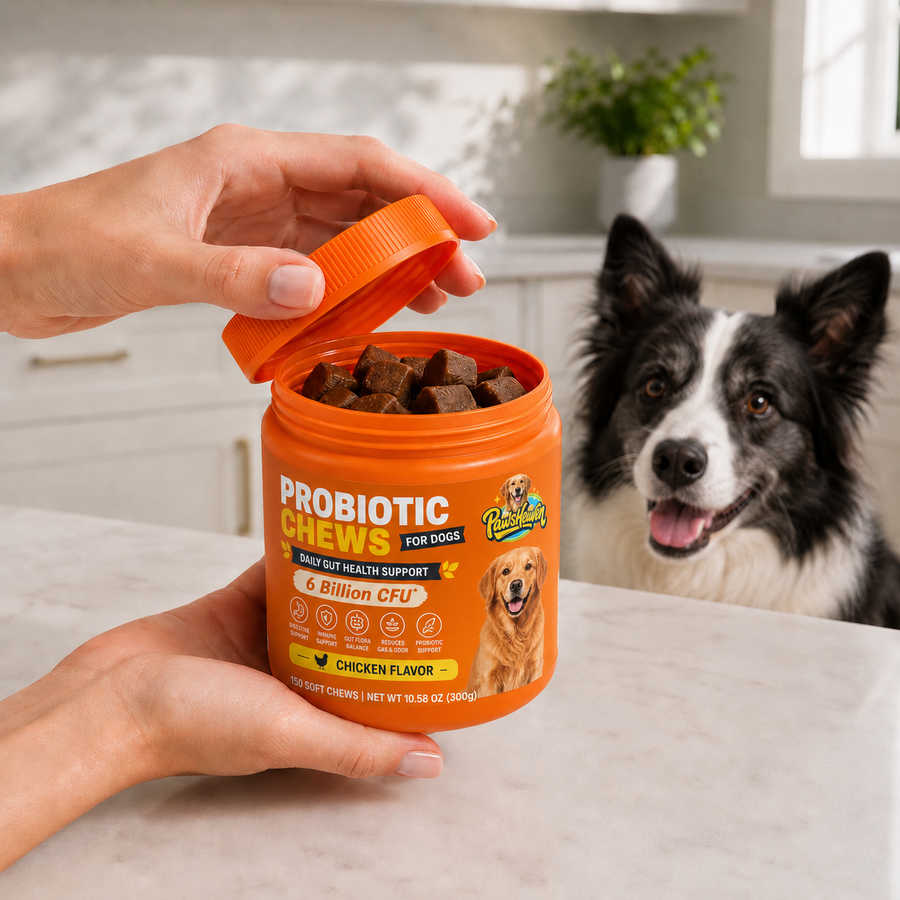 Open PawsHeaven jar with soft chews