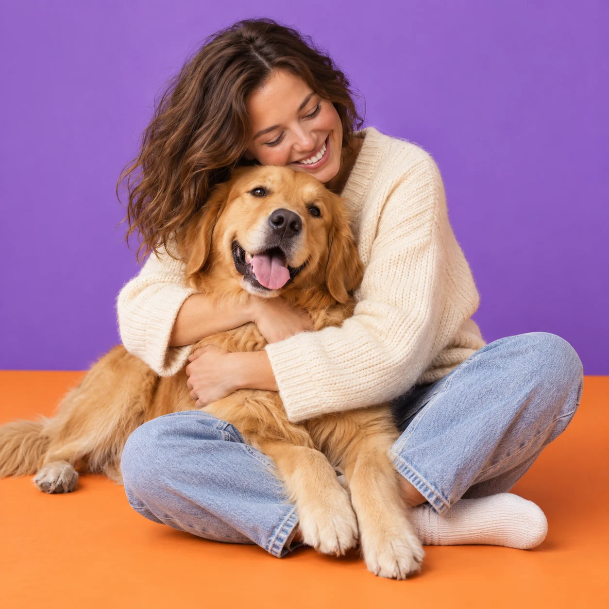A pet parent hugging a golden retriever on a colorful studio floor