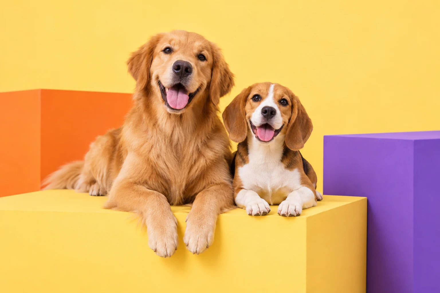 A golden retriever and beagle on a playful color-block studio set