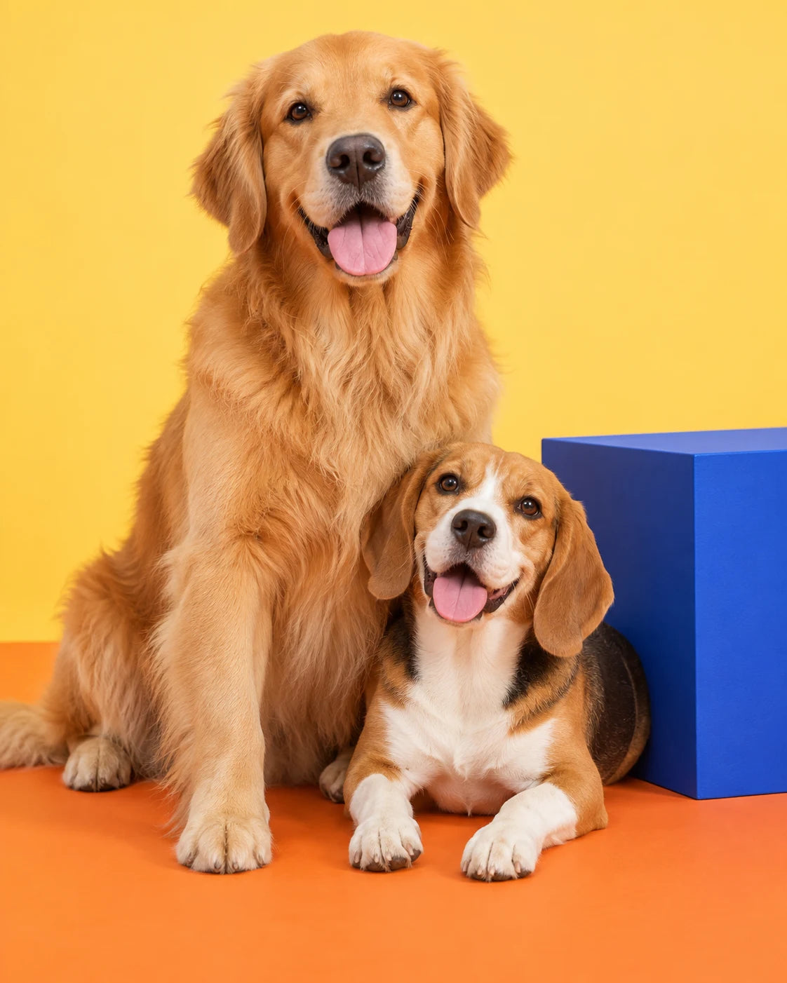 A golden retriever and beagle together on a yellow and orange studio set