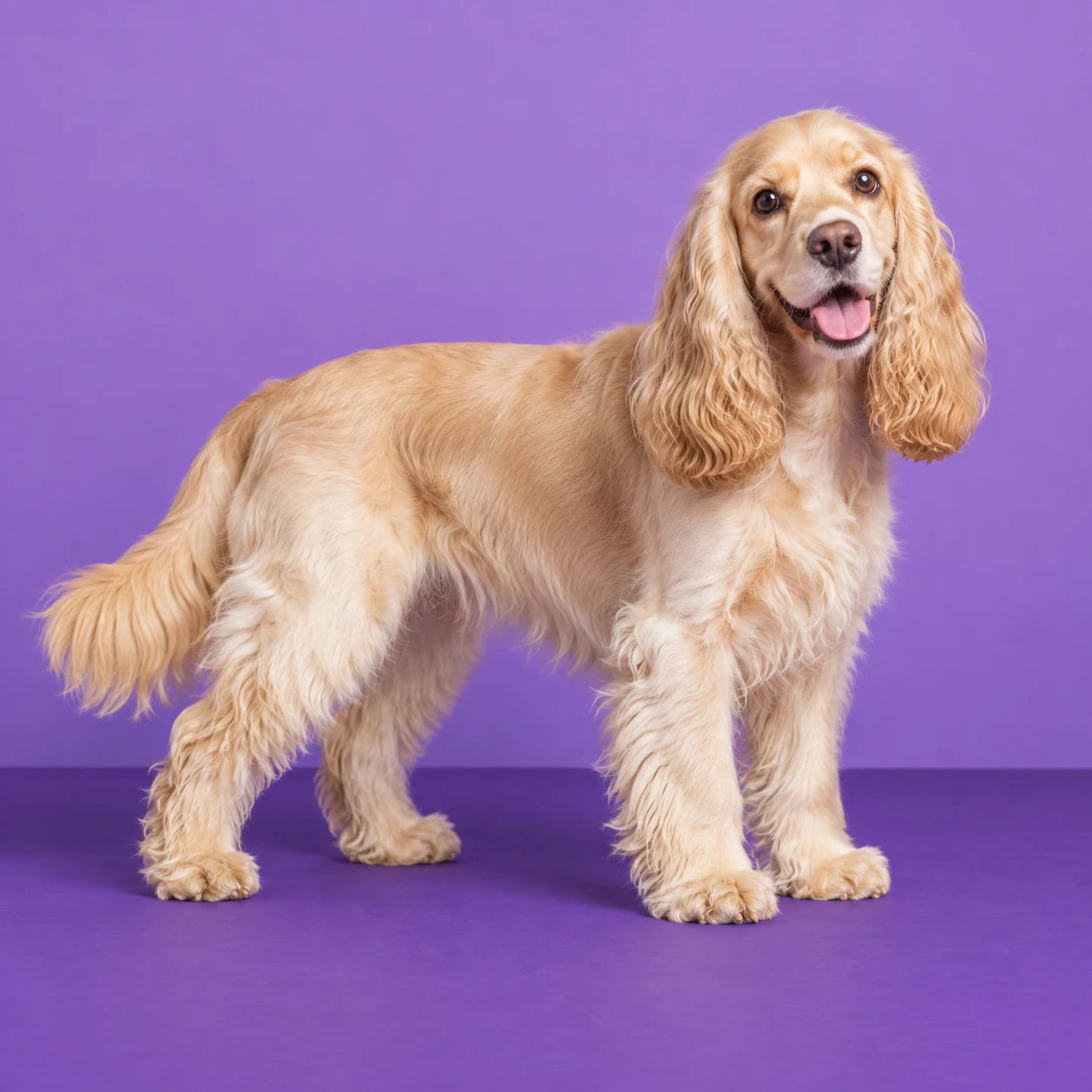 A cream spaniel on a purple studio set